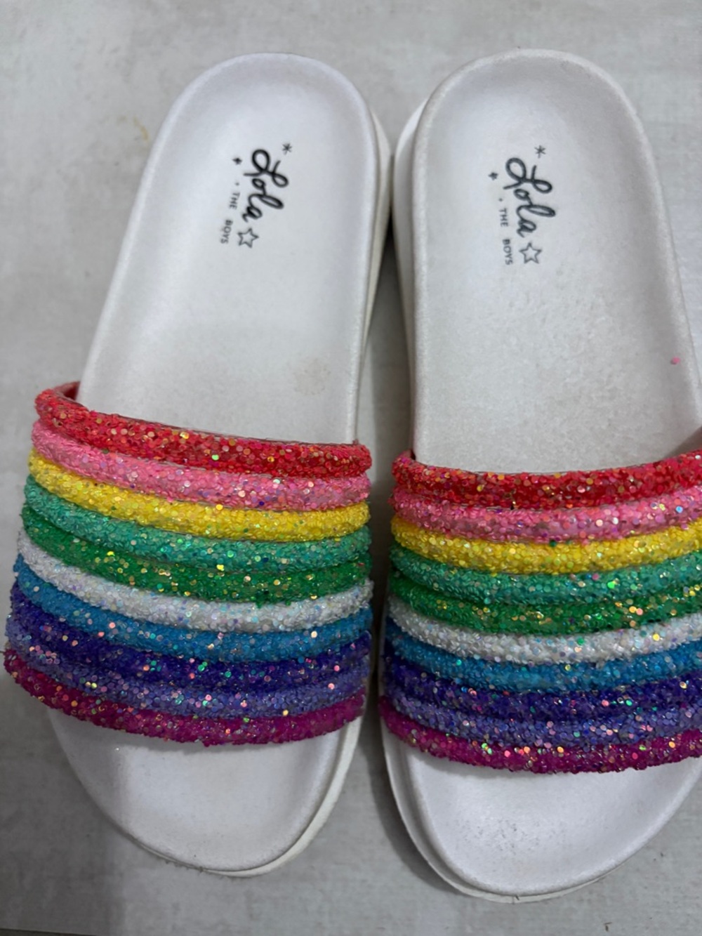 Lola and the Boys White Slide Sandals Rainbow Glitter Straps 30 13